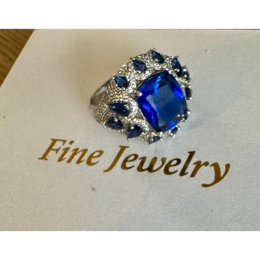 Elegant 925 Sterling SilveryRing, Square Design, Synthetic Blue Sapphire & CZ